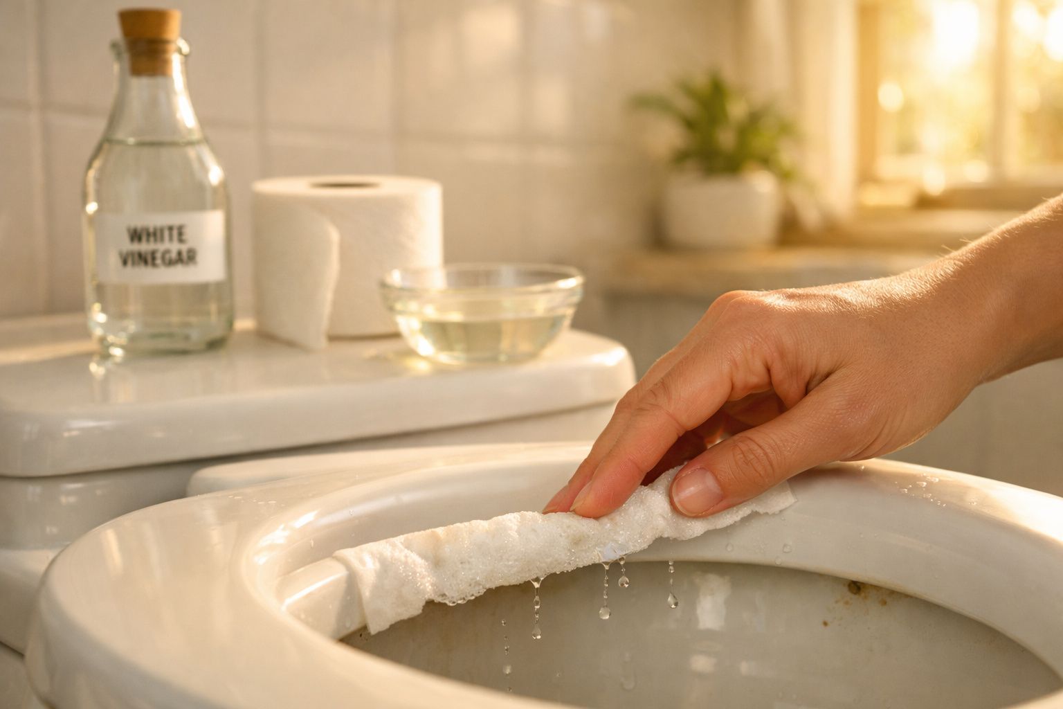 Mão a limpar o interior da sanita com toalhete branco, ao lado vinagre branco e rolo de papel higiénico.