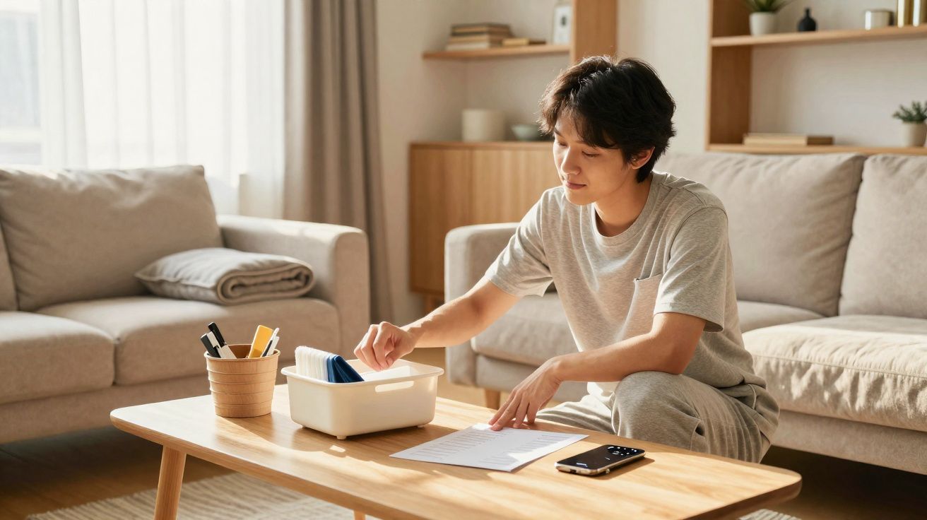 Pessoa sentada numa sala a organizar documentos numa caixa sobre mesa de madeira, com telemóvel ao lado.