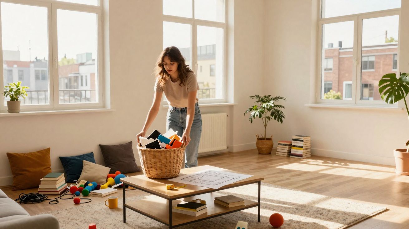 Mulher arruma brinquedos numa sala luminosa com janelas grandes, plantas e móveis modernos.