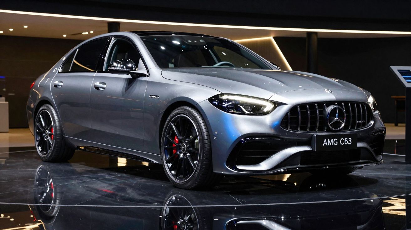 Carro desportivo cinza Mercedes-Benz AMG C63 estacionado em piso espelhado numa exposição interior.