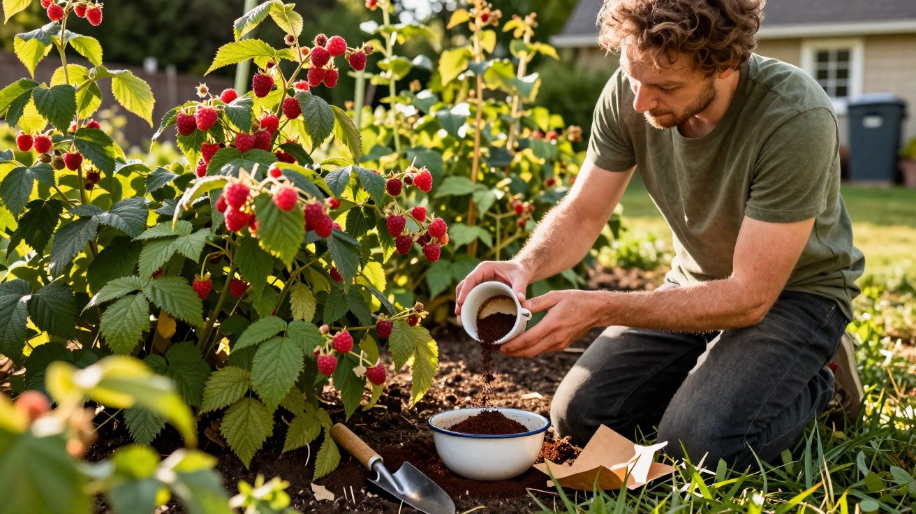 Homem a fertilizar plantas de framboesa num jardim com composto em pó junto a uma enxada.