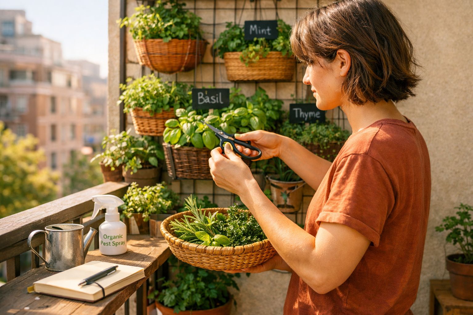 Pessoa a cortar ervas aromáticas numa varanda com várias plantas em cestos pendurados.