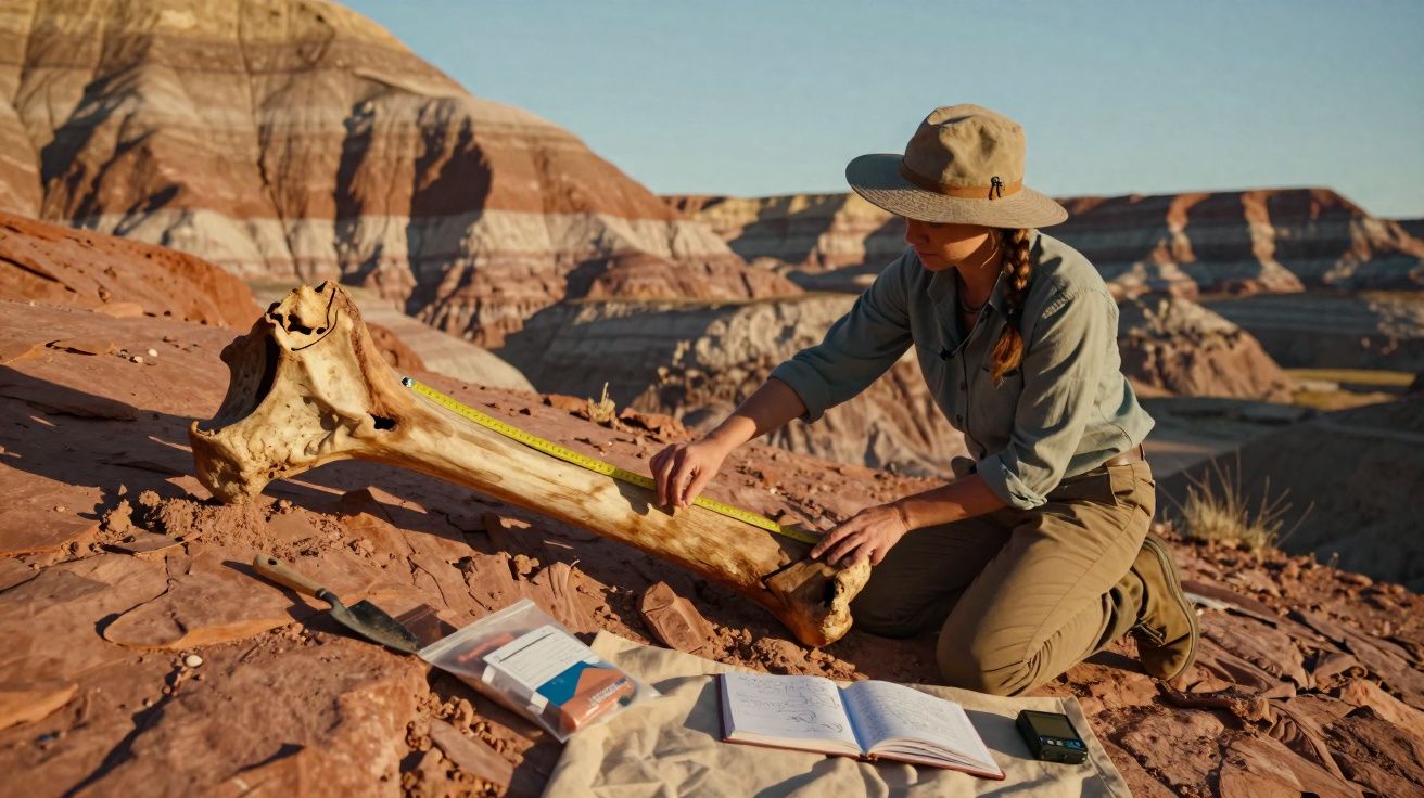 Paleontóloga a medir um osso fóssil num terreno rochoso em paisagem desértica com cadernos e ferramentas.