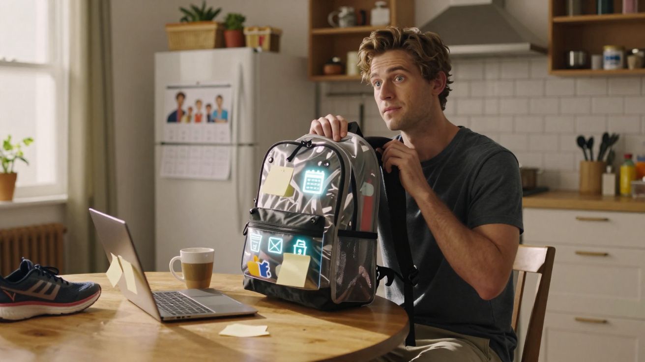 Homem sentado à mesa com mochila transparente e ícones digitais, numa cozinha bem iluminada durante o dia.