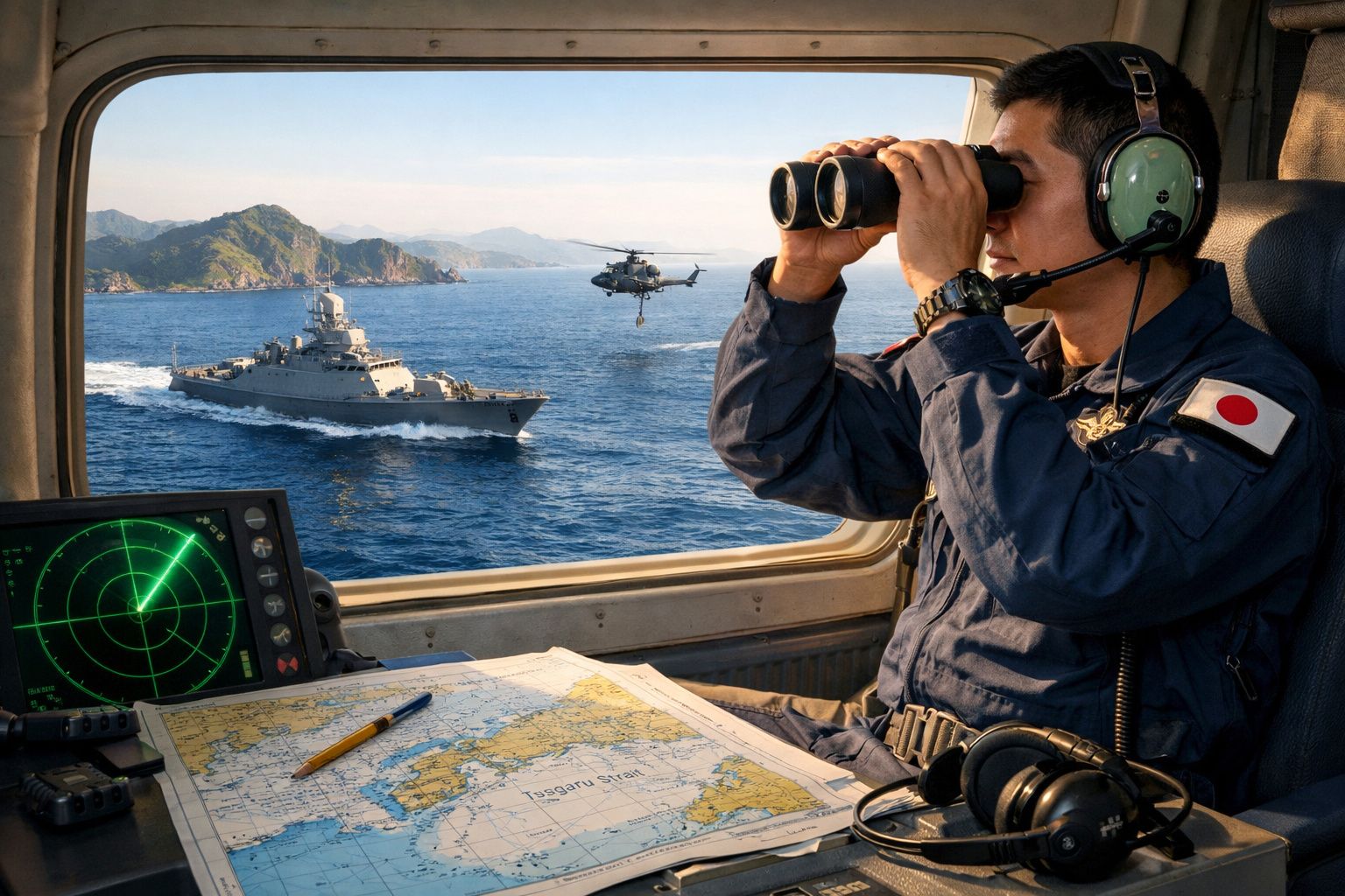 Militar japonês em avião observa com binóculos navio de guerra e helicóptero no mar, mapa e radar à frente.