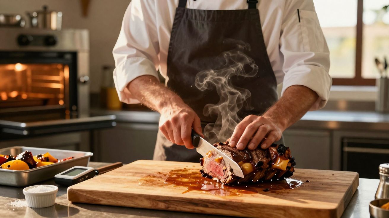 Chef a cortar carne assada fumegante numa tábua de madeira numa cozinha moderna.