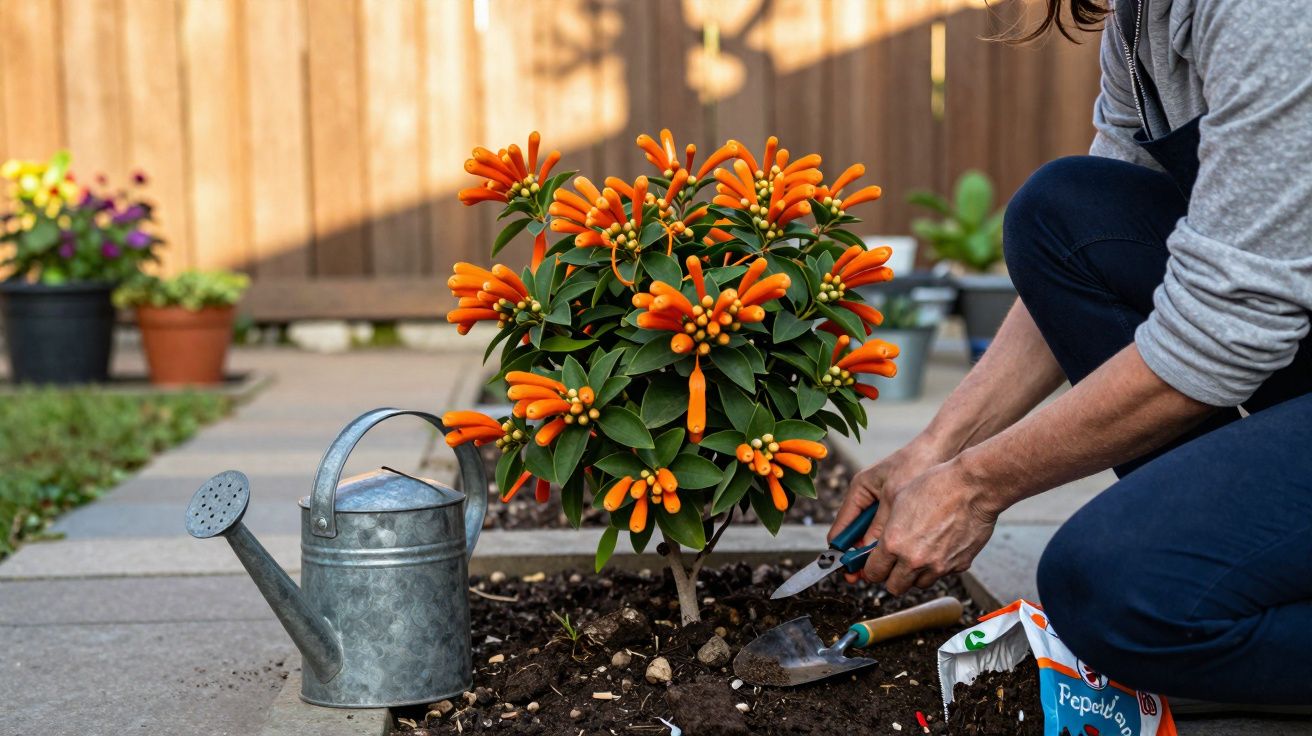 Pessoa a cuidar de planta com flores laranja num jardim com regador e ferramentas de jardinagem ao lado.