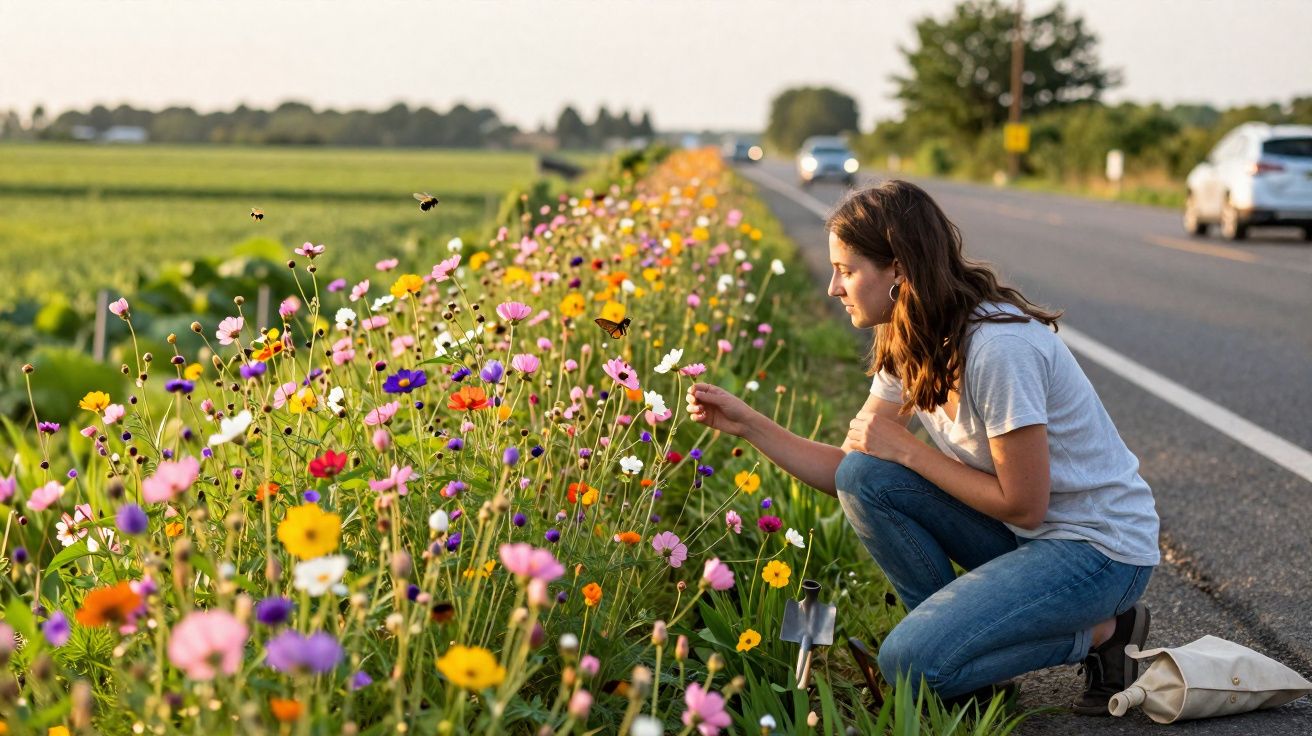 Mulher agachada colhe flores coloridas à beira de uma estrada rural com veículos ao fundo.