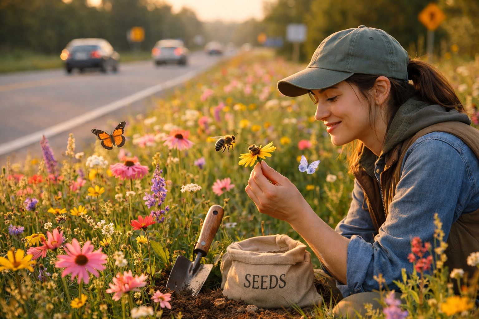 Mulher sorridente a cuidar de flores silvestres junto a estrada com borboletas e abelha.