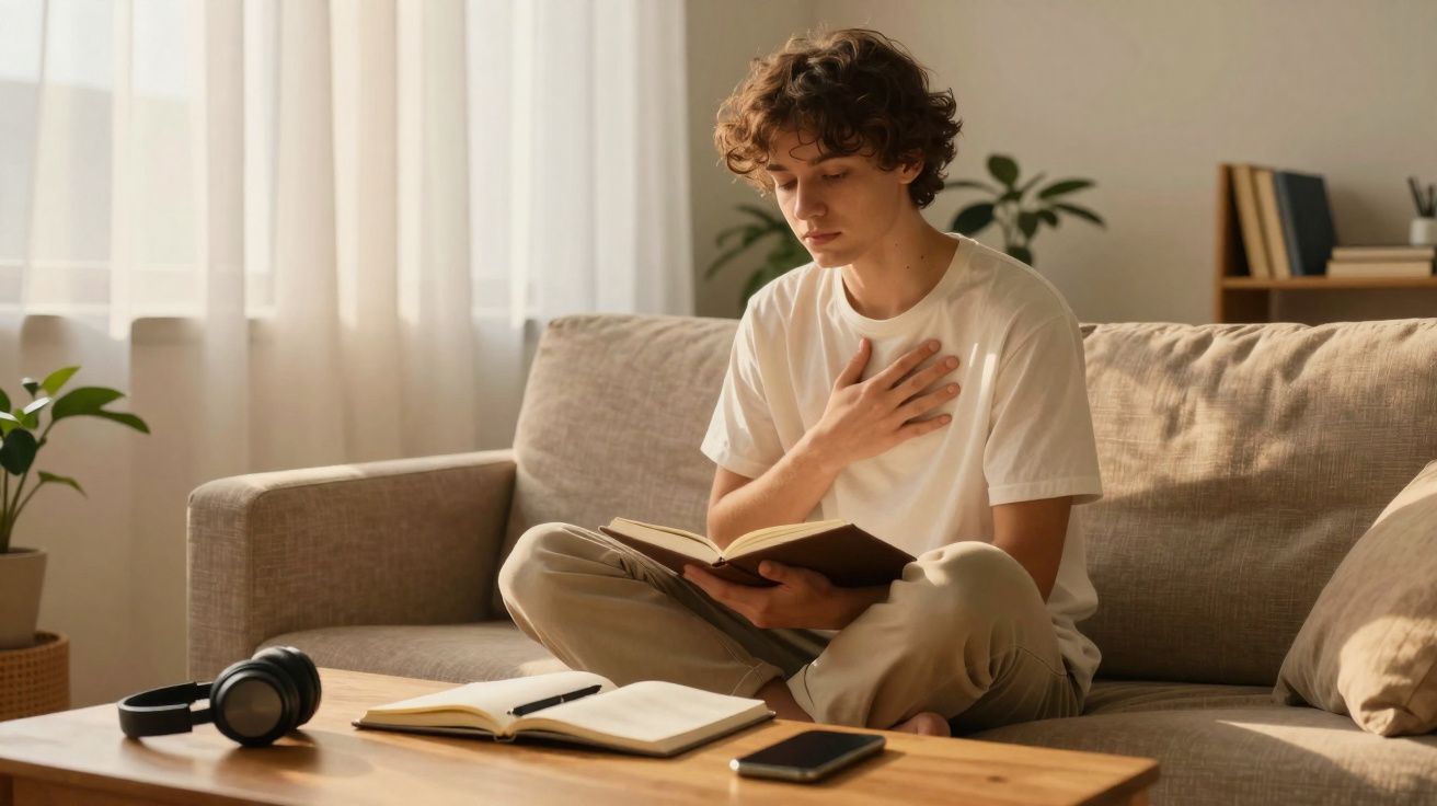 Jovem sentado no sofá lendo um livro e com a mão no peito, num ambiente iluminado e acolhedor.
