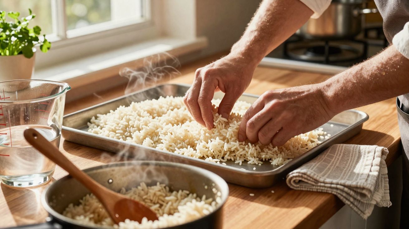 Mãos espalhando arroz cozido num tabuleiro metálico numa cozinha com panela a fumegar e copo de água.