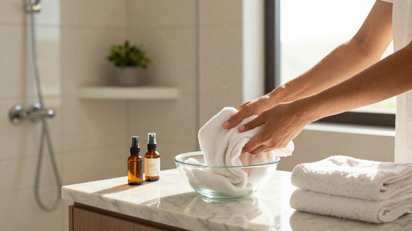 Pessoa a limpar uma toalha branca com água numa bacia de vidro numa casa de banho iluminada.