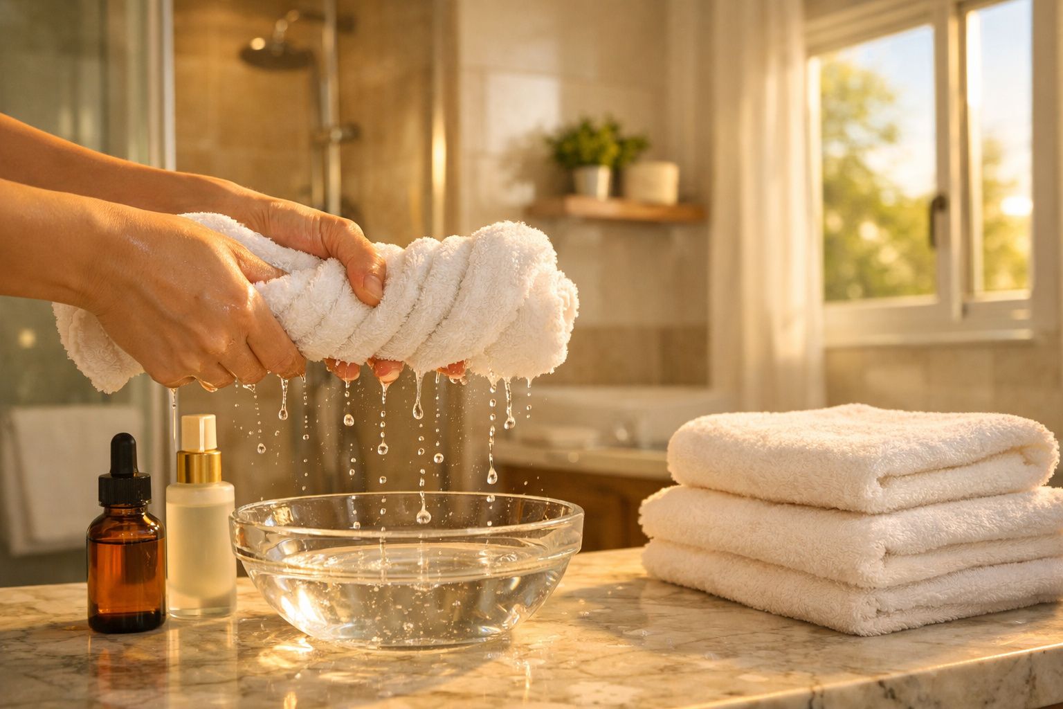 Mãos a torcer toalha húmida sobre bacia com água num ambiente de casa de banho iluminado pelo sol.