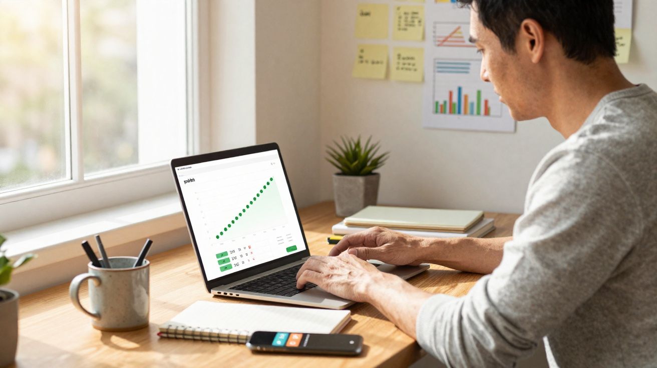 Homem a trabalhar num gráfico ascendente num computador portátil numa secretária junto à janela.