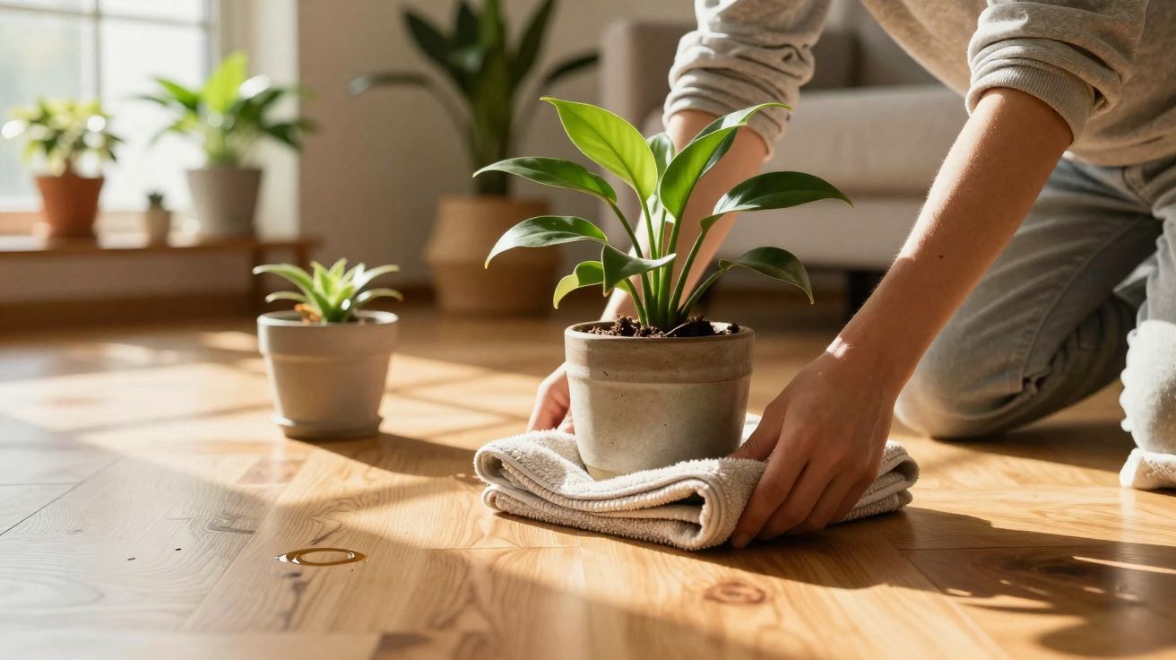 Pessoa a limpar chão de madeira com pano, perto de vasos com plantas verdes em interior iluminado por luz natural.