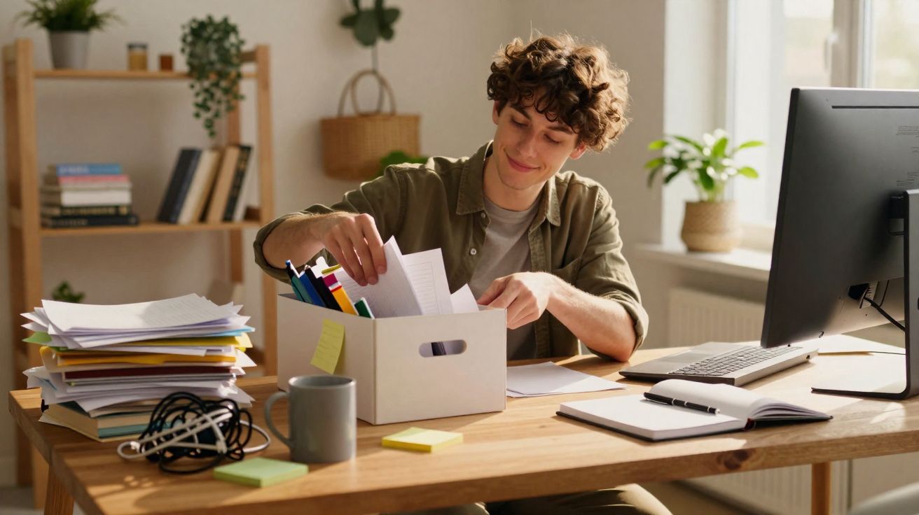 Pessoa jovem a organizar documentos numa caixa numa secretária com computador e material de escritório.