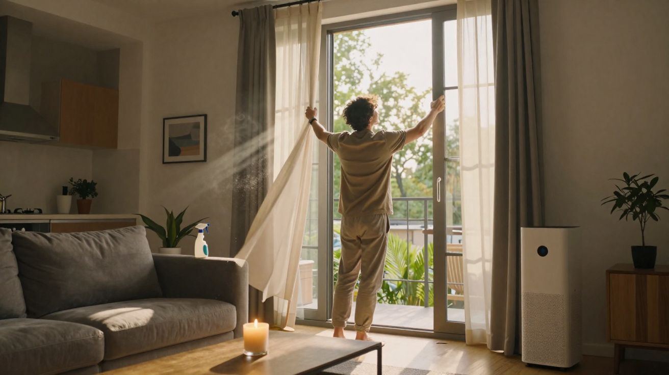 Pessoa a abrir cortinas em sala iluminada, com sofá cinzento, vela acesa e plantas na decoração.