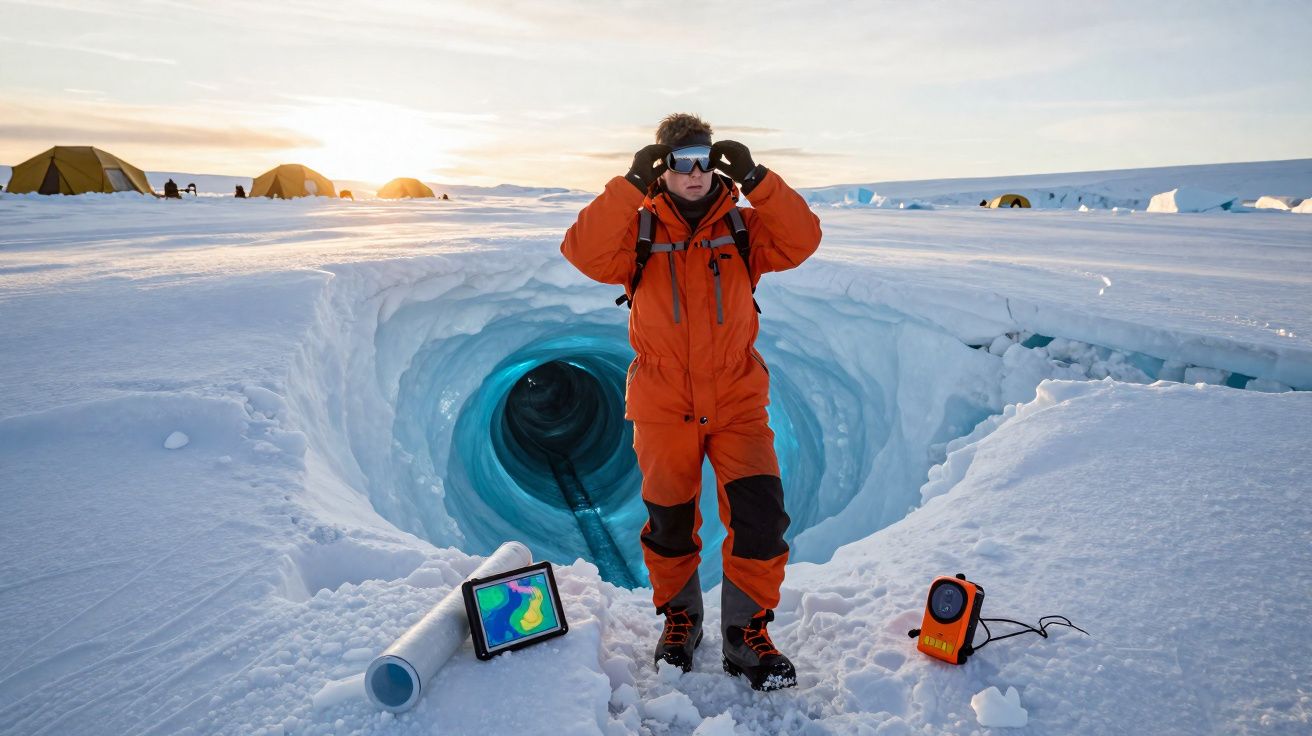 Cientista com roupa térmica ajusta óculos junto a túnel de gelo e equipamentos num campo gelado com tendas ao fundo.