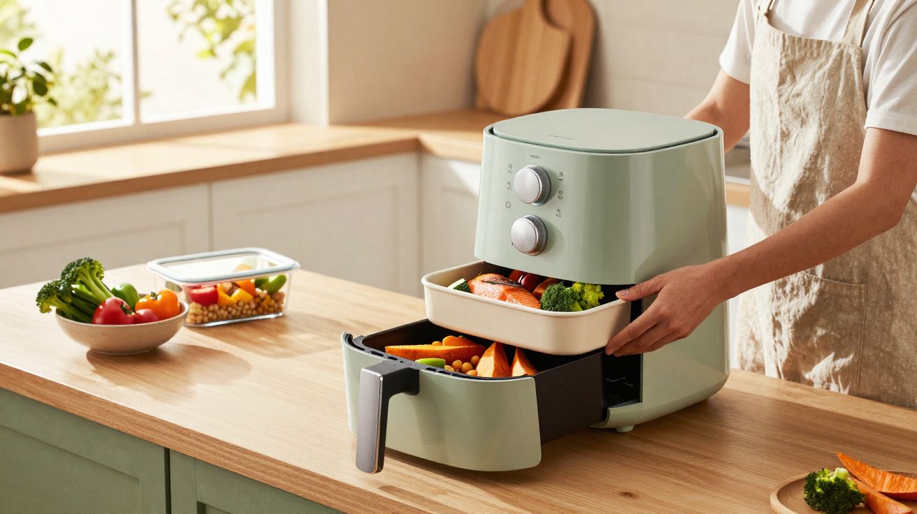 Pessoa a usar fritadeira de ar verde com legumes e salmão numa cozinha iluminada e moderna.