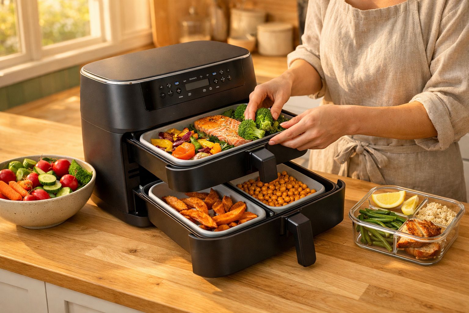 Pessoa a retirar travessa com legumes e salmão de fritadeira elétrica dupla na cozinha ensolarada.