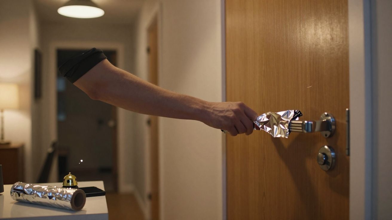 Braço estendido a abrir porta usando um pedaço de folha de alumínio para evitar contacto direto.