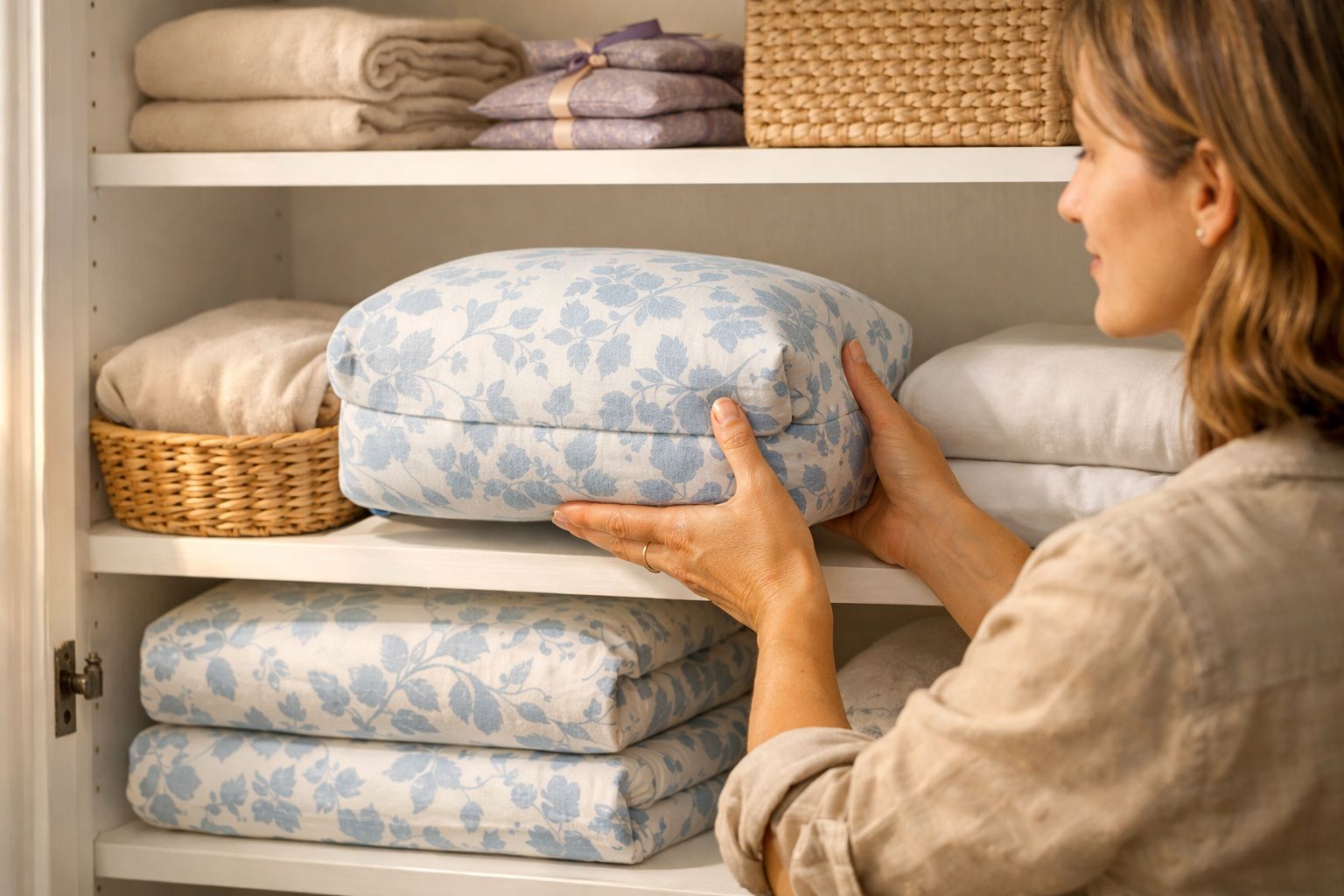 Pessoa a arrumar almofada azul com padrão floral numa prateleira com toalhas e cestos organizadores.