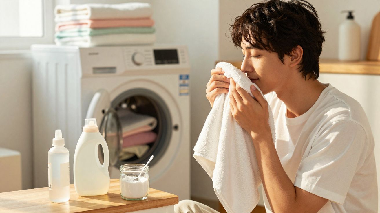 Homem a cheirar uma toalha branca fresca numa casa de lavandaria com máquina e detergentes ao fundo.