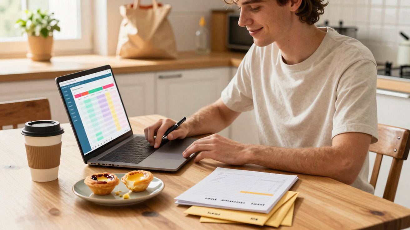Homem jovem a trabalhar em laptop com planilha aberta, papeis e pastelaria na mesa de cozinha.