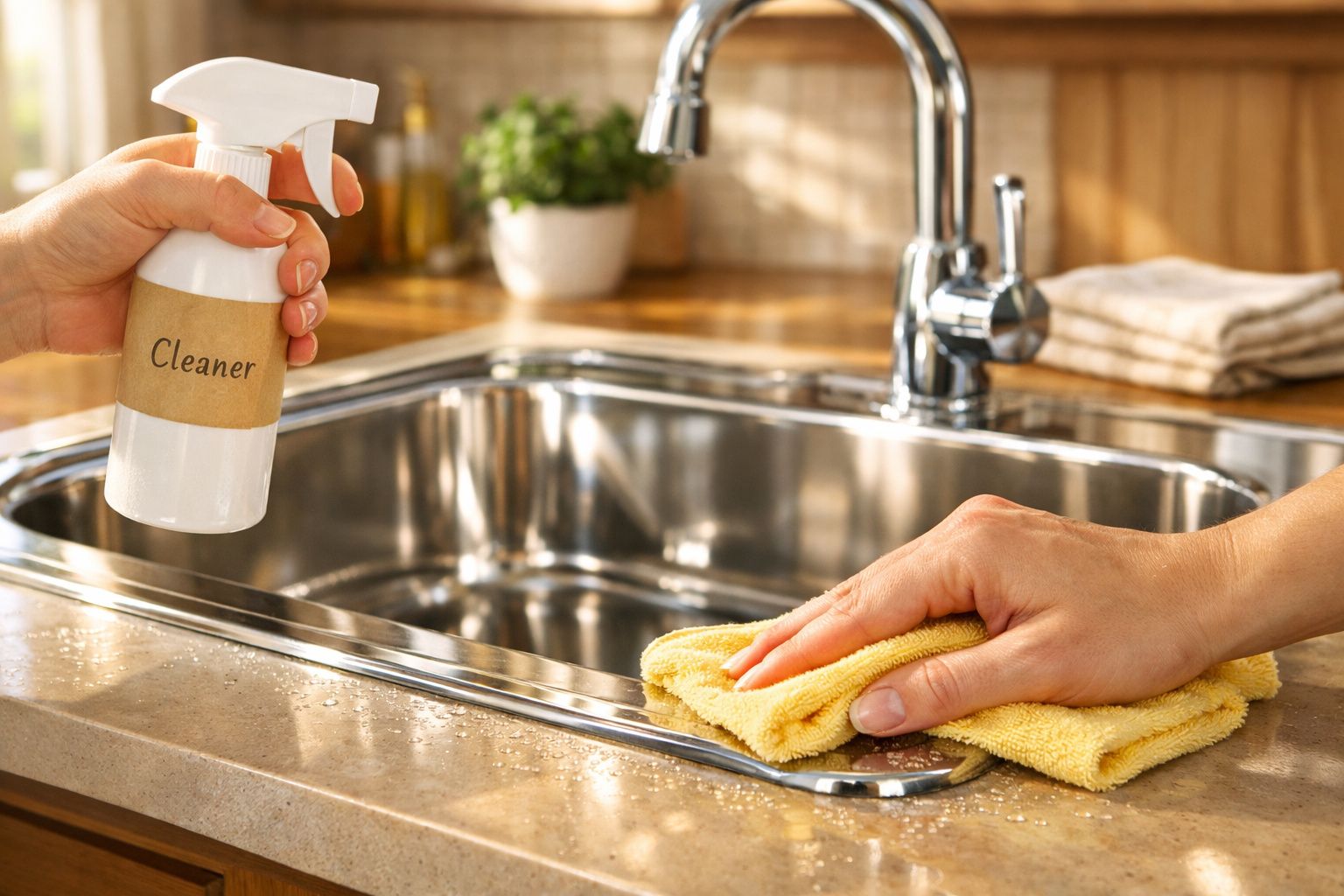 Mãos a limpar uma pia de cozinha em aço inox com pulverizador de produto de limpeza e pano amarelo.
