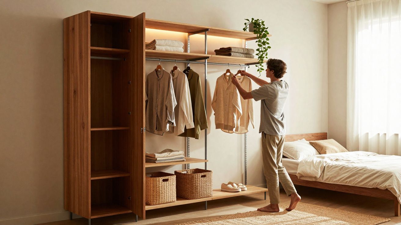 Homem a organizar camisas num roupeiro aberto em quarto com luz natural suave e decoração minimalista.