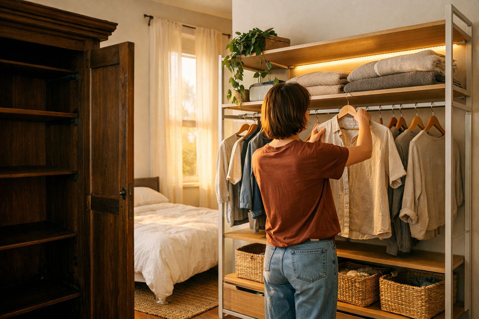 Pessoa a escolher roupa num armário aberto numa divisão luminosa com cama ao fundo.