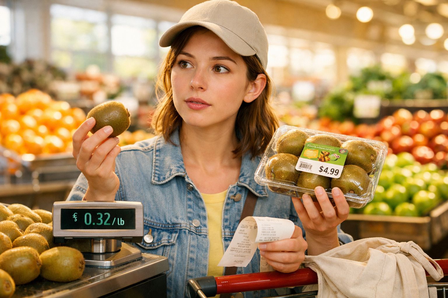 Mulher jovem numa loja a segurar quivi embalado e a olhar para o fruto na mão, com balança e preço visíveis.
