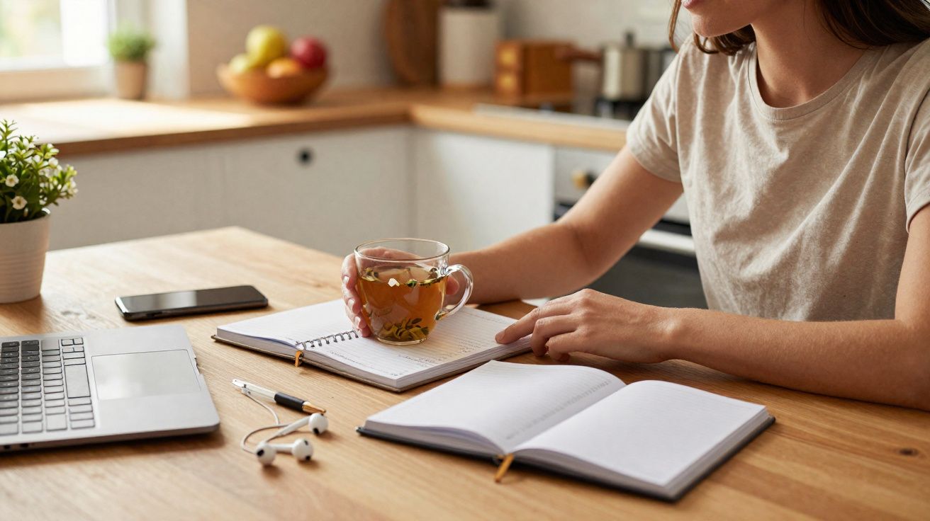 Pessoa a beber chá enquanto estuda à mesa com caderno, portátil e auscultadores numa cozinha iluminada.