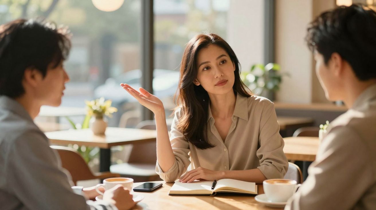 Mulher conversa e gesticula com dois homens numa mesa num café com luz natural.