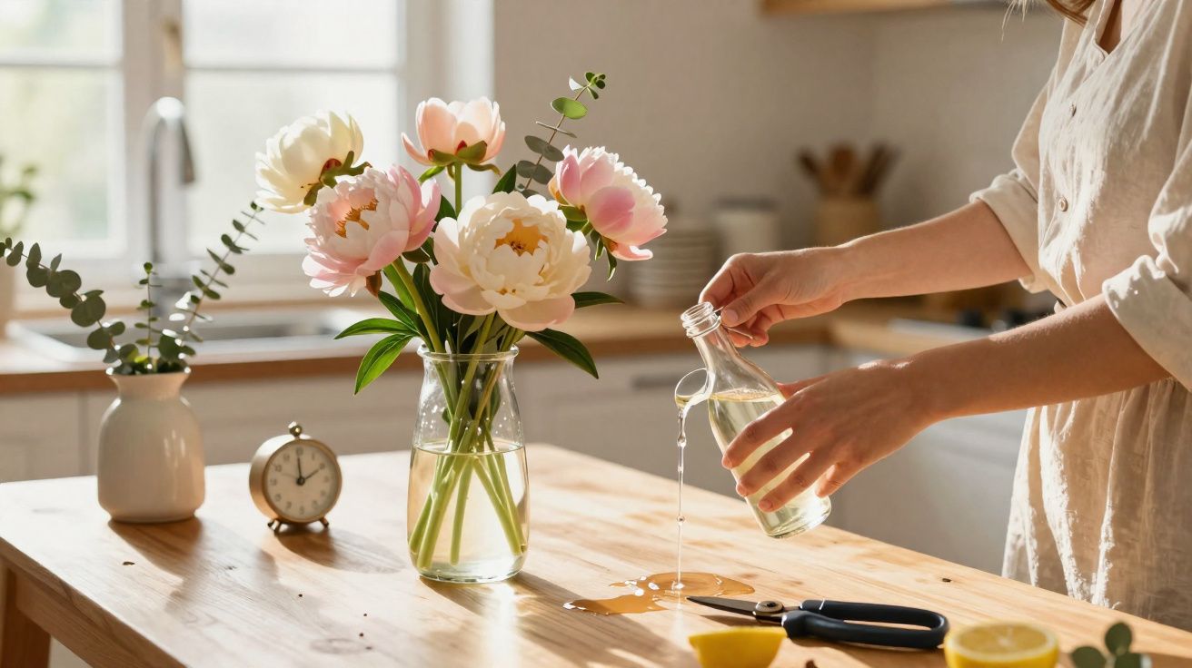 Pessoa a verter água para vaso com flores numa cozinha luminosa e acolhedora.