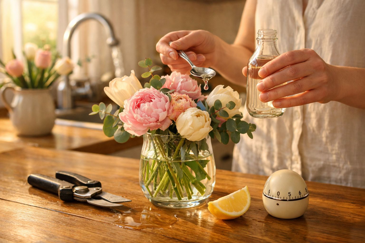 Pessoa a adicionar essência com colher em jarra com flores numa cozinha iluminada, com tesoura e timer na mesa.