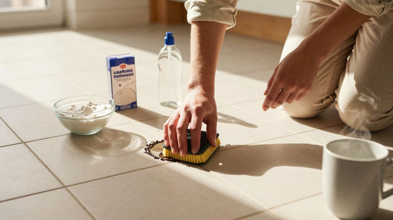 Pessoa a limpar uma nódoa escura no chão de azulejo com uma esponja e bicarbonato de sódio.