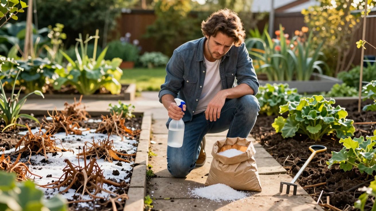 Homem a aplicar produto químico nas plantas num jardim com plantas secas e ferramentas de jardinagem.