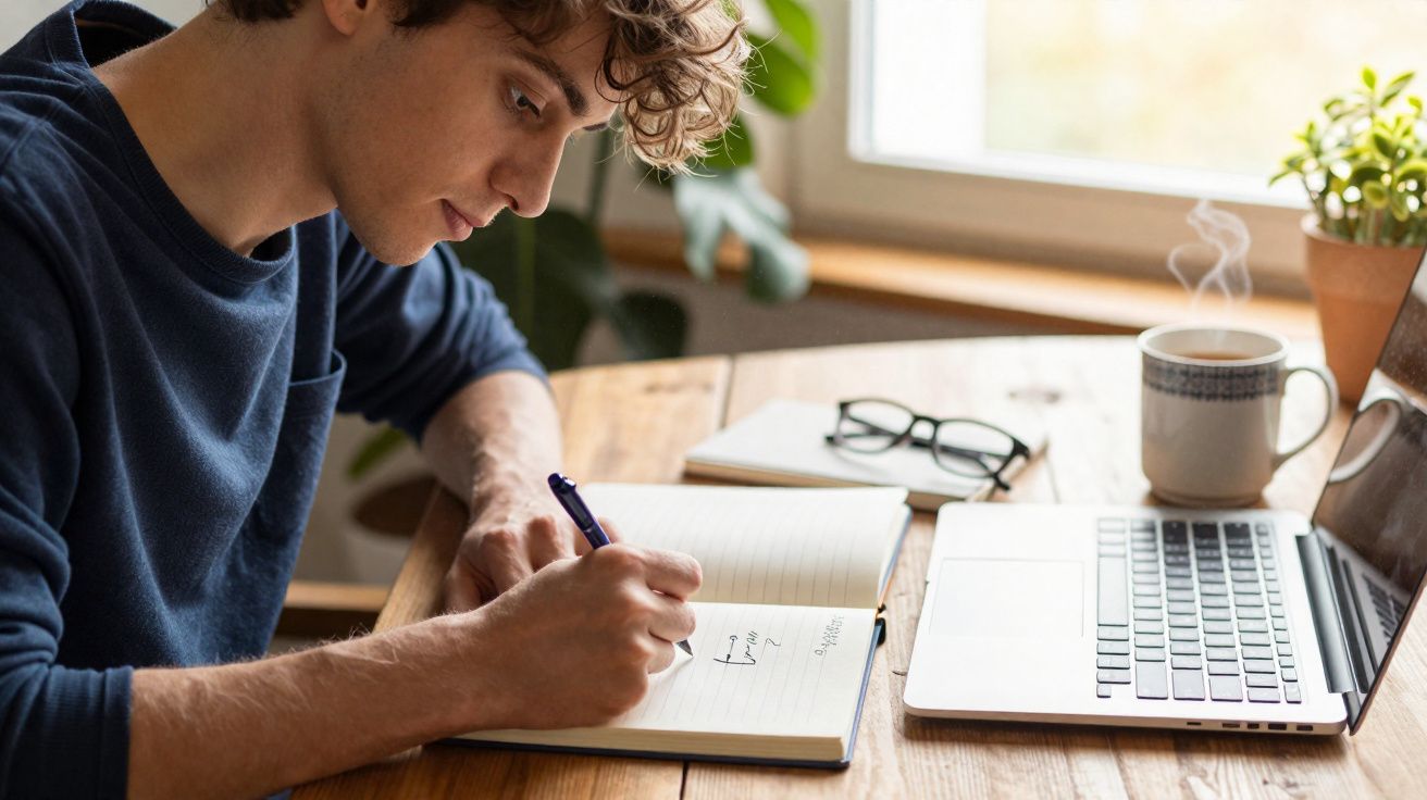 Homem a escrever num caderno enquanto trabalha num portátil com chá quente ao lado numa mesa de madeira.