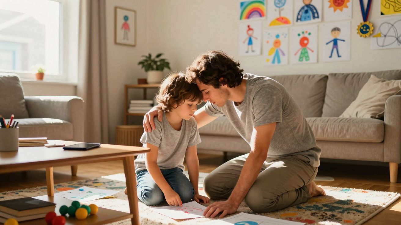 Pai consola filho sentado no chão da sala, a olhar para desenhos espalhados num tapete colorido.