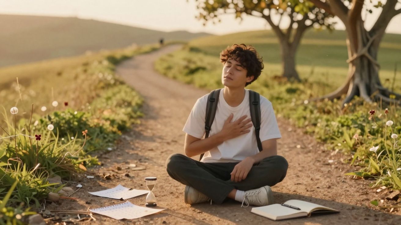 Jovem sentado em trilho rural com olhos fechados, rodeado de folhas, caderno, ampulheta e árvore ao fundo.