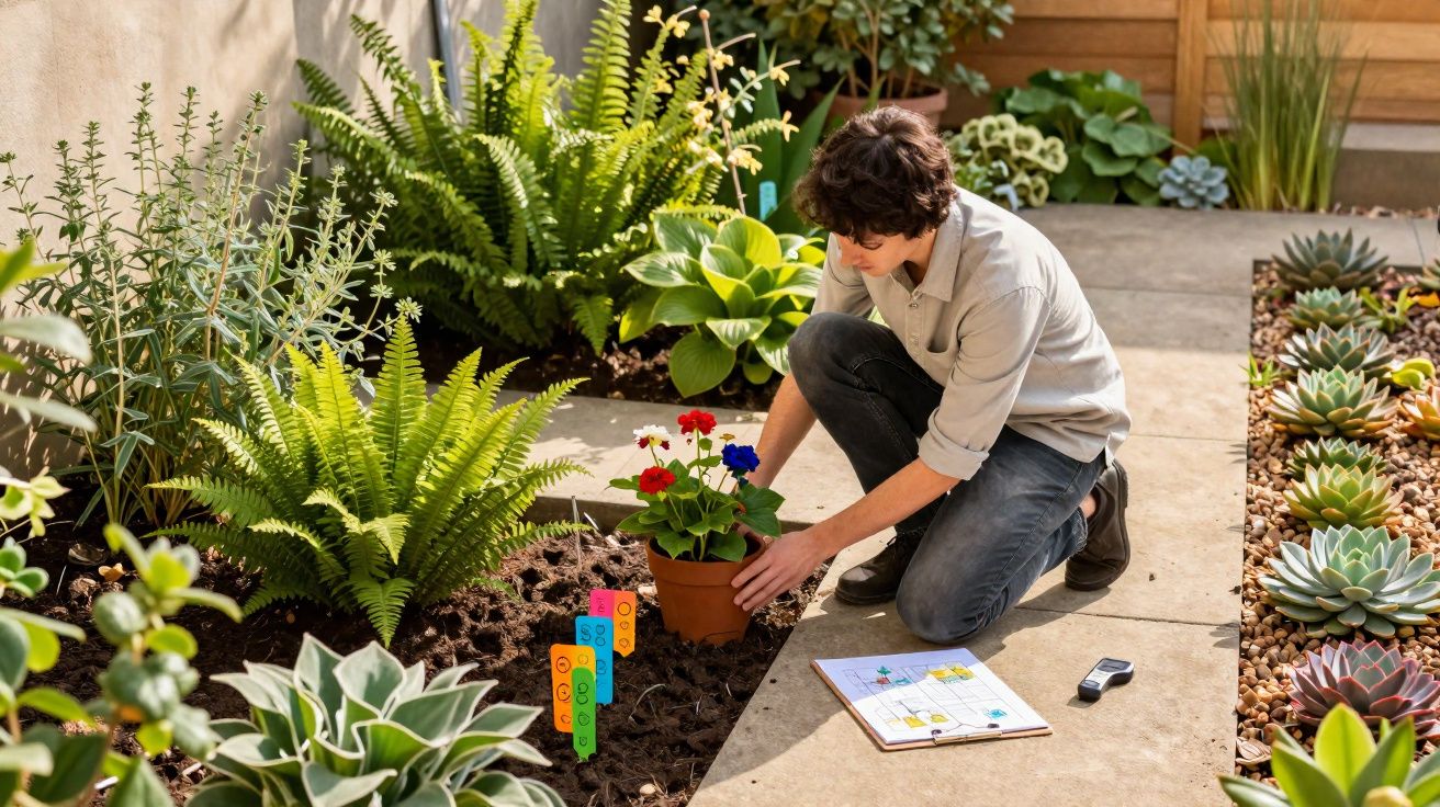 Pessoa a plantar uma flor numa jardineira ao ar livre rodeada por diversas plantas e suculentas.