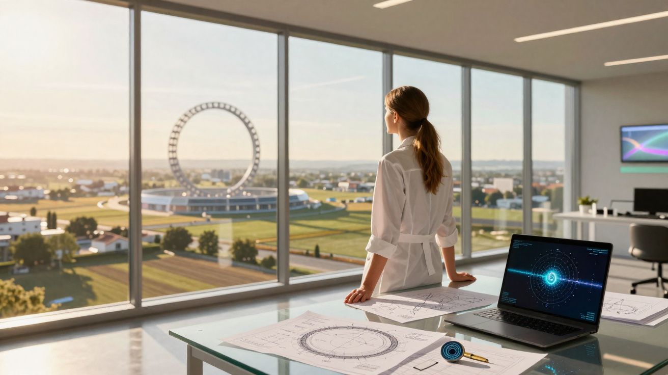 Mulher a observar pela janela um grande dispositivo circular em campo, com plantas e computador no escritório.