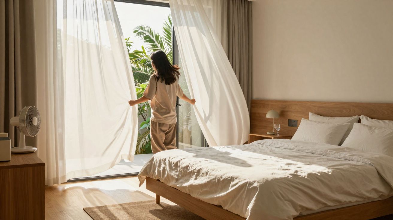 Pessoa a abrir cortinas brancas num quarto iluminado com cama de madeira e plantas na varanda.
