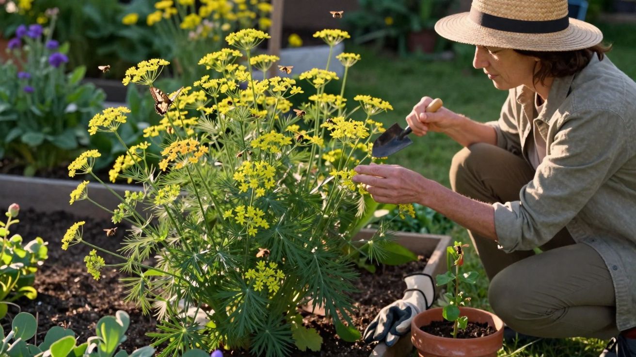 Mulher a cuidar de flores amarelas num jardim, usando chapéu e jardineira, com ferramentas próximas.
