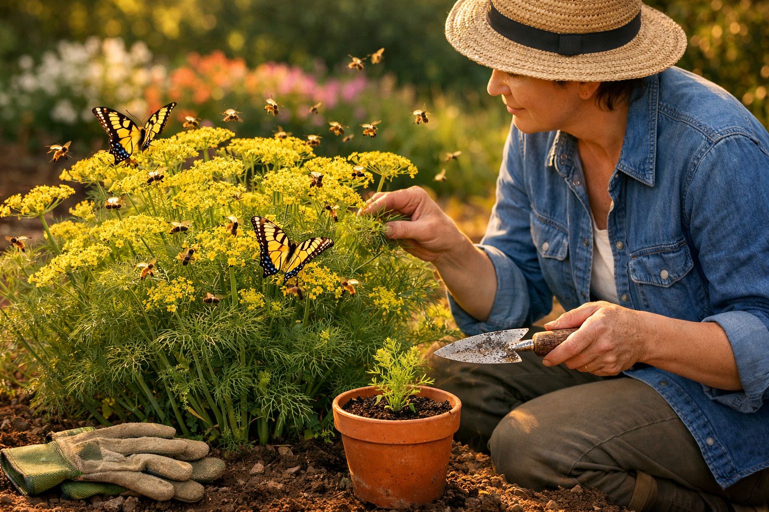 Mulher de chapéu a cuidar de plantas amarelas rodeadas de abelhas e borboletas numa horta ao ar livre.