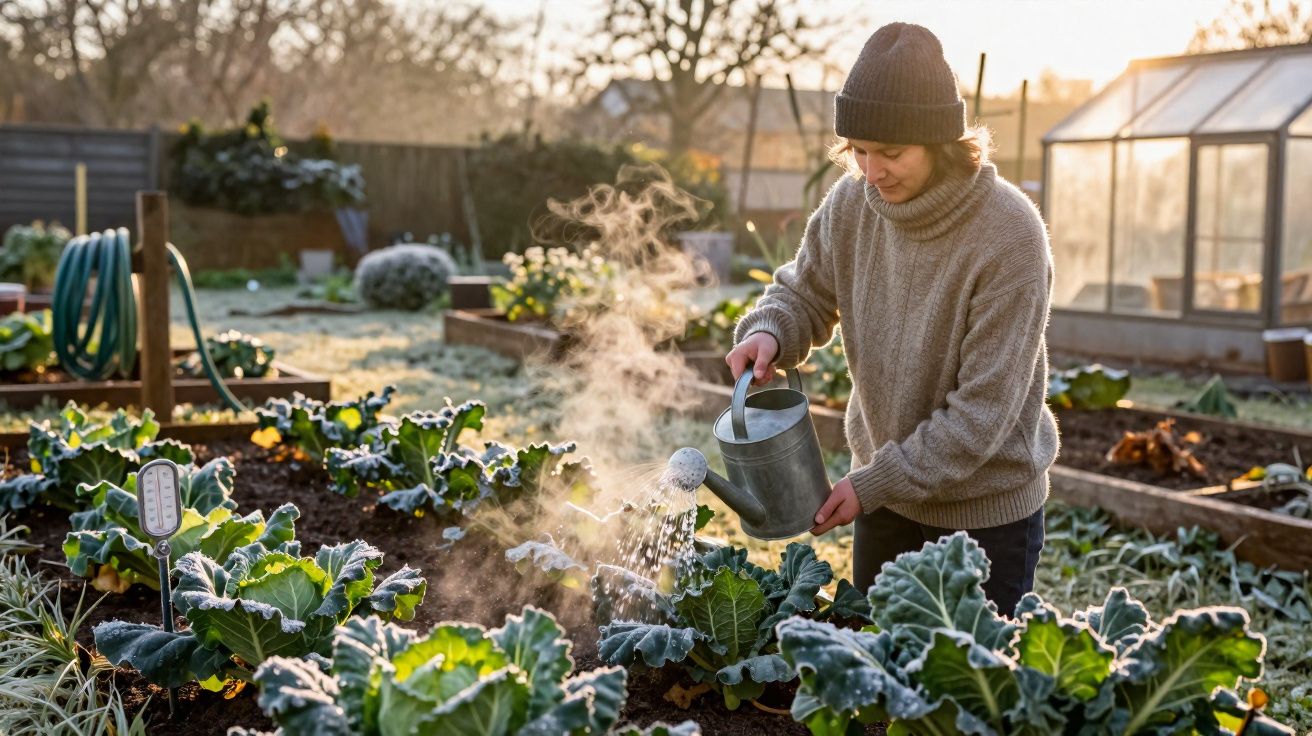 Pessoa a regar plantas num jardim com alface ao amanhecer num dia frio.