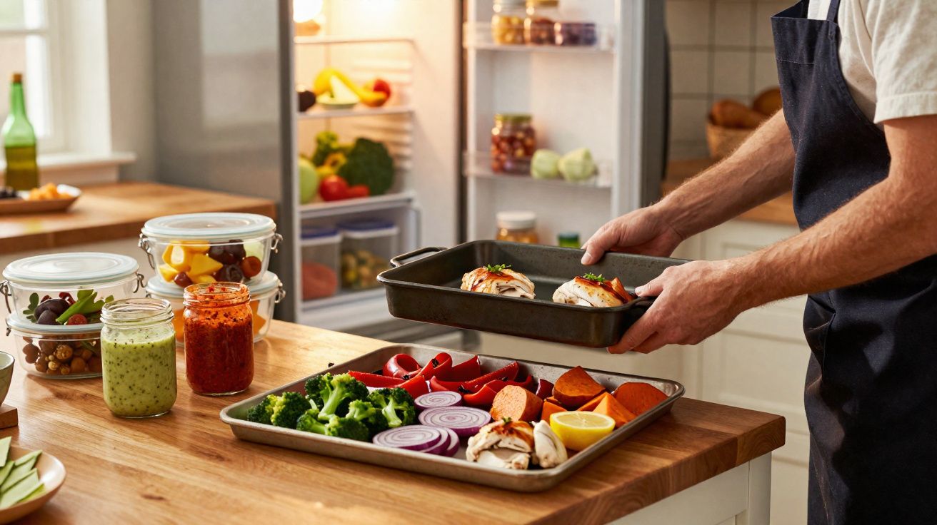 Pessoa a preparar tabuleiros com legumes e frango na cozinha, com frigorífico aberto ao fundo.