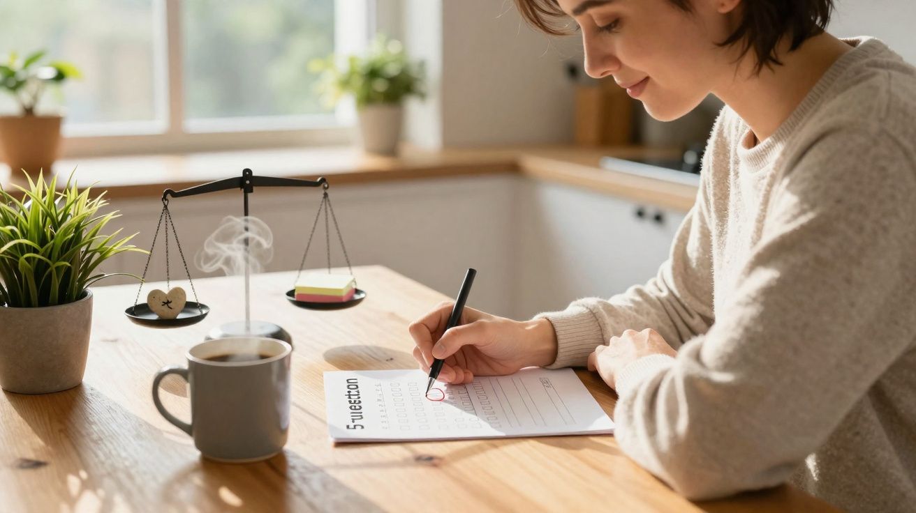 Mulher sentada a escrever num papel, com chá quente, balança decorativa e plantas numa mesa de madeira.