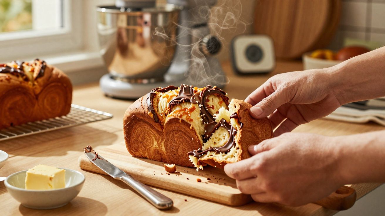Pão doce com cobertura de chocolate quente a ser partido com mãos numa tábua de cozinha.